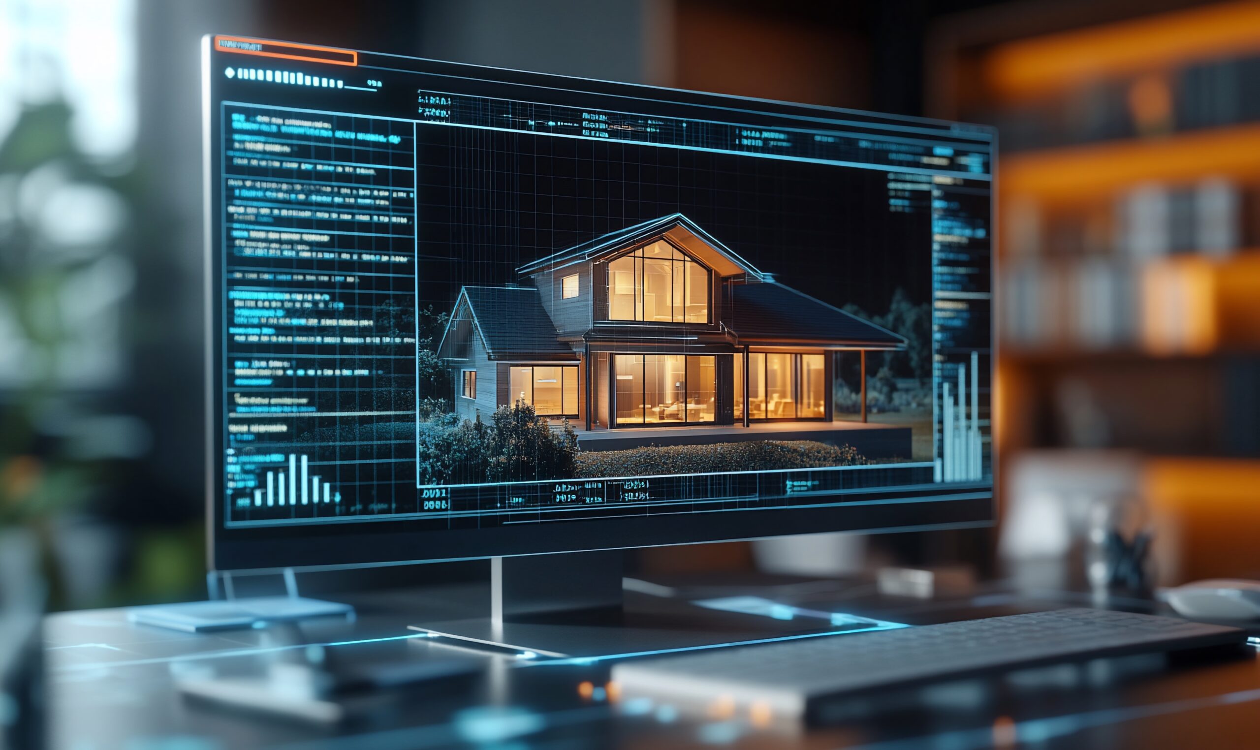 A modern computer setup displaying a digital rendering of a house at night.