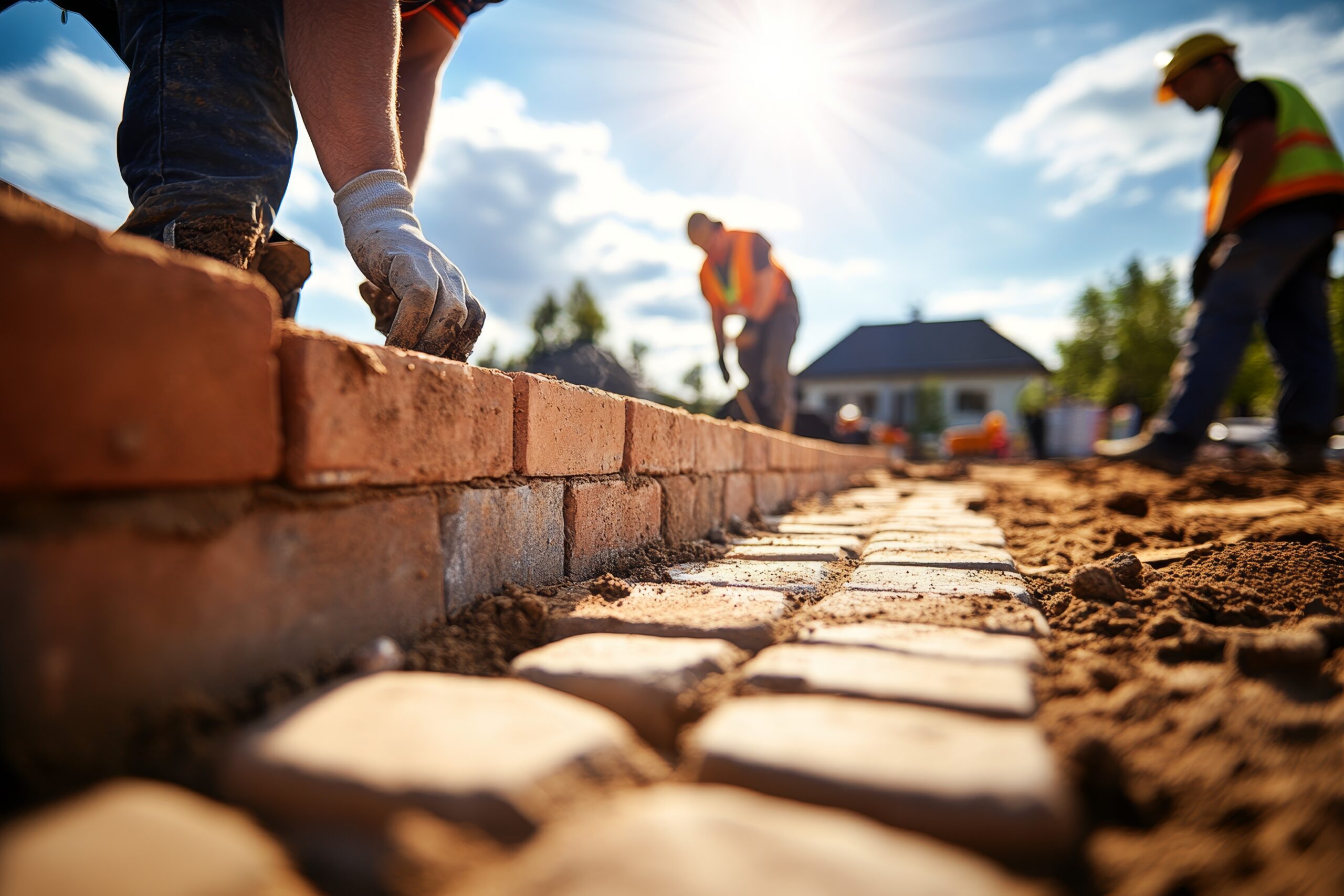 Close up of construction workers building a red brick wall under a bright blue sky with sun rays