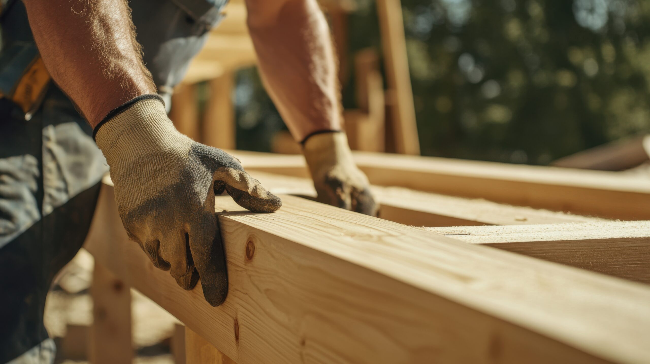 Carpenter building a wooden shed in a backyard. Featuring woodworking and outdoor construction
