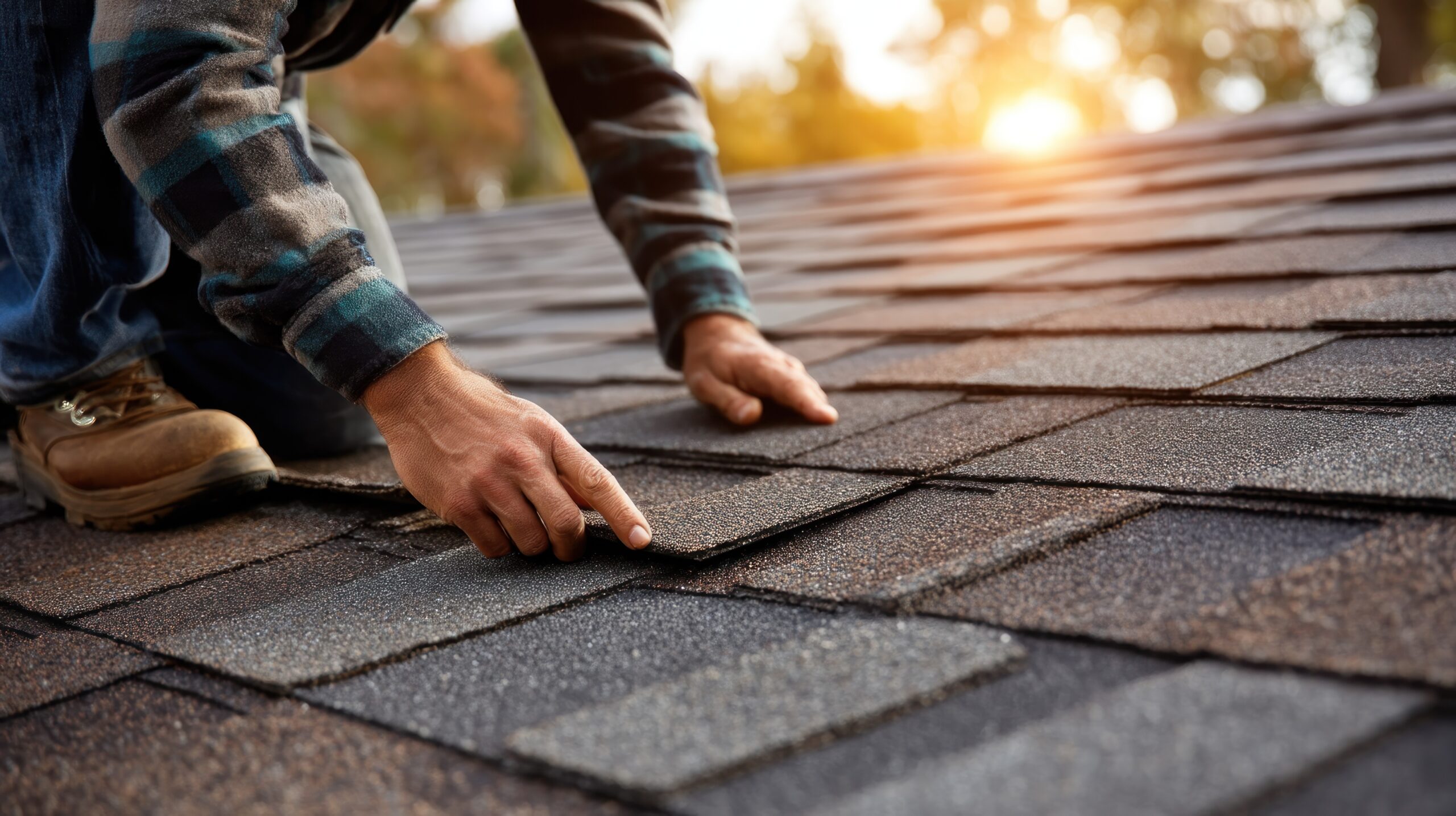 A realistic close-up of a man putting a shingle on the roof of his house, showing the detailed hand movement and roof structure, captured with a digital camera with a macro lens, soft bright lighting, DIY home improvement photography, hyper resolution, 4K, cool tone, best photo, clear, no fog --chaos 50 --ar 16:9 --raw --stylize 200 --v 7 Job ID: 60332cc1-9cfd-4f1a-ab19-2375d3fa8be3